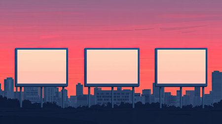 A serene sunset backdrop features three empty billboards silhouetted against the city skyline, evoking themes of advertising and urban landscapes.の素材
