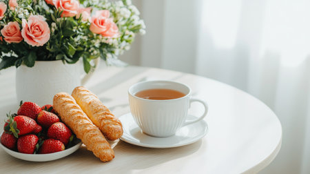 A serene breakfast setting with a cup of tea, fresh strawberries, and pastries beside a bouquet of pink roses.の素材