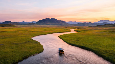 A serene landscape featuring a winding river, lush green fields, and distant mountains under a colorful sunset sky.の素材