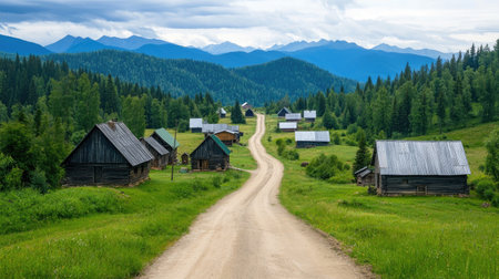 A scenic rural road meanders through a tranquil village, surrounded by lush greenery and majestic mountains under a cloudy sky.の素材