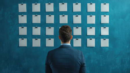 A man in a suit stands before a blue wall covered with empty clipboards, suggesting organization, planning, or decision-making.の素材