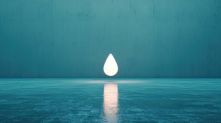 A minimalistic image of a single water droplet reflecting on a calm surface, set against a teal background.の素材