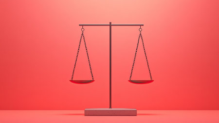 A balanced scale against a vibrant red background, symbolizing justice, fairness, and equality.の素材