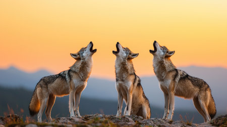 Three wolves howl at a vibrant sunset, creating a captivating scene in the wilderness, showcasing their natural behavior and the beauty of nature.の素材