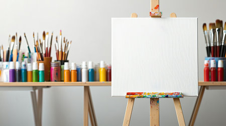 A blank canvas on an easel, surrounded by colorful paint bottles and brushes, ready for artistic creation.の素材