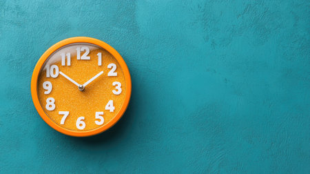 A vibrant orange wall clock mounted on a textured teal background, showcasing a modern design.の素材