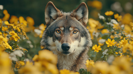 A close-up of a wolf's face surrounded by vibrant yellow flowers, showcasing its striking features and captivating gaze.の素材