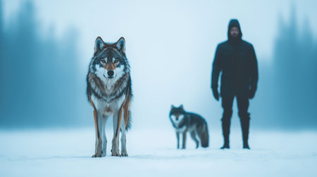 A human figure stands in the snow, flanked by two wolves, set against a misty, forested backdrop.の素材