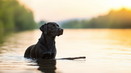 A black dog stands in shallow water at sunset, gazing off in the distance with a stick nearby, embodying a serene moment in nature.の素材