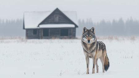 A lone wolf stands in the snow, with a rustic cabin in the background, creating a serene yet wild winter scene.の素材