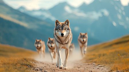 A pack of wolves strides confidently through a picturesque landscape, showcasing their majestic presence against a backdrop of mountains.の素材