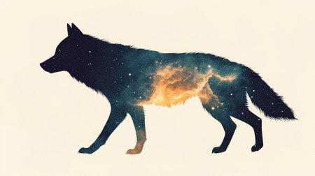 A silhouette of a wolf filled with a cosmic galaxy design, symbolizing the connection between nature and the universe.の素材