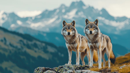 Two wolves stand majestically on a rocky outcrop with a stunning mountain backdrop, embodying the beauty of nature and wildlife.の素材