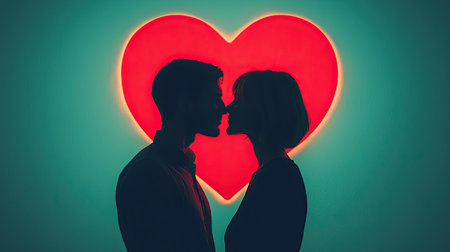 A romantic silhouette of a couple kissing against a vivid heart-shaped backdrop, symbolizing love and affection.の素材