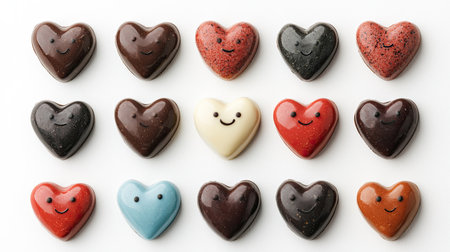 A colorful array of heart-shaped chocolates with cheerful designs, arranged in a grid, perfect for gifting and celebrating love.の素材