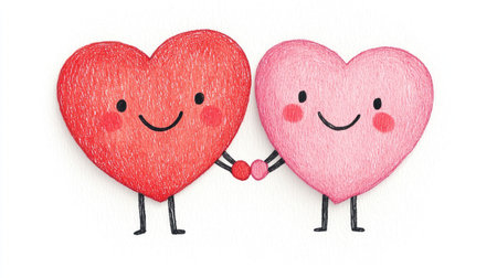 Cute cartoon hearts, one red and one pink, holding hands and smiling, symbolize love and friendship.の素材