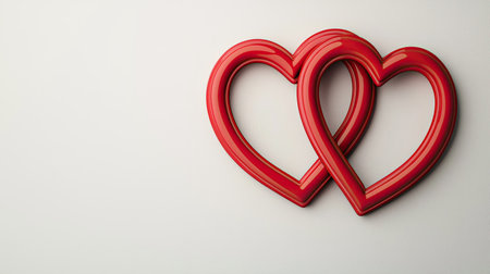 Two interlinked red hearts on a neutral background, symbolizing love and connection.の素材