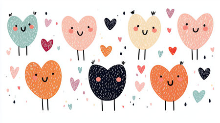 A whimsical illustration of colorful, smiling hearts with cute faces, surrounded by smaller hearts, creating a cheerful and playful atmosphere.の素材
