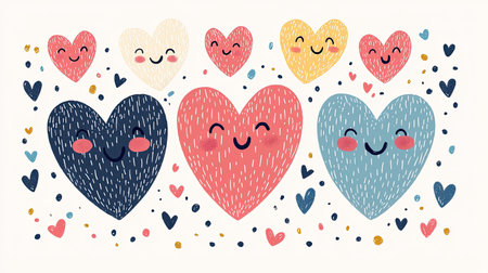 A vibrant illustration featuring whimsical hearts with smiling faces, surrounded by smaller hearts and confetti, conveying joy and love.の素材
