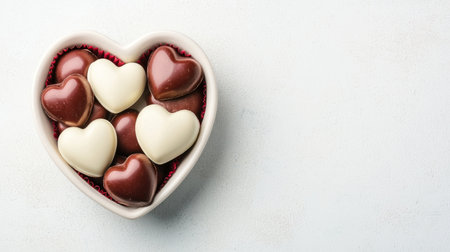 A heart-shaped bowl filled with chocolate hearts, showcasing a romantic and sweet treat perfect for special occasions.の素材
