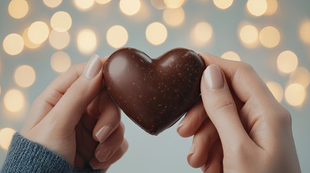 A person holds a chocolate heart against a backdrop of soft, glowing lights, symbolizing love and affection.の素材
