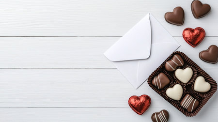 A heart-shaped chocolate box with assorted chocolates and a blank envelope, set on a light wooden surface, perfect for gifting on special occasions.の素材
