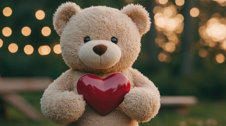 A cute teddy bear holds a red heart, set against a blurred background with warm lights, creating a cozy and affectionate atmosphere.の素材
