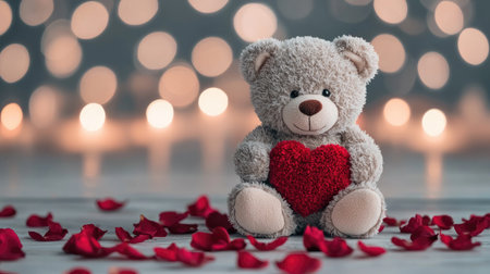A cute teddy bear holding a red heart surrounded by rose petals, set against a soft, blurred background of warm lights.の素材