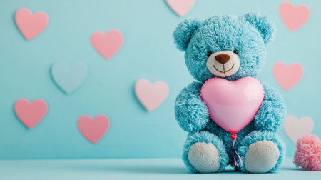 A cute blue teddy bear holds a pink heart, set against a soft blue background adorned with pastel hearts, creating a charming and loving atmosphere.の素材