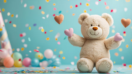 A cute teddy bear surrounded by colorful confetti and balloons, creating a joyful and celebratory atmosphere.の素材