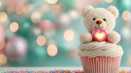 A cute cupcake topped with a teddy bear and heart, set against a colorful, festive background.の素材