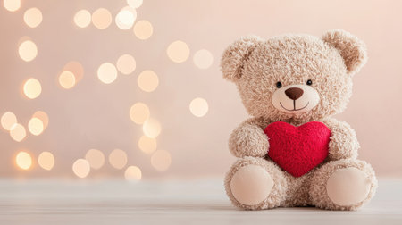 A cute teddy bear holds a red heart, set against a soft, blurred background with warm bokeh lights, evoking feelings of love and comfort.の素材