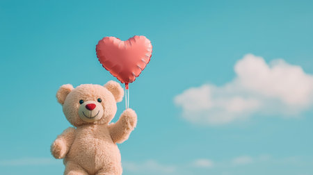 A cute teddy bear holds a heart-shaped balloon against a bright blue sky with fluffy clouds, symbolizing love and joy.の素材
