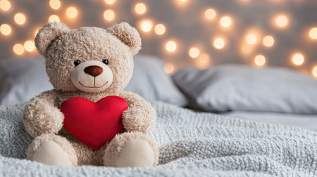 A soft teddy bear holding a red heart sits on a cozy bed, illuminated by warm, blurred fairy lights in the background.の素材