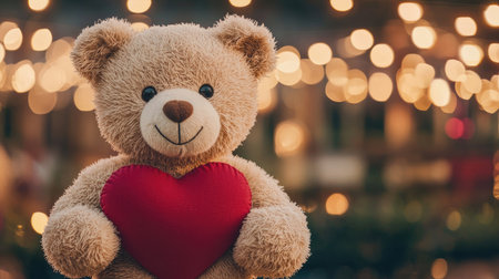 A cute teddy bear holds a red heart, surrounded by soft bokeh lights, evoking warmth and affection.の素材