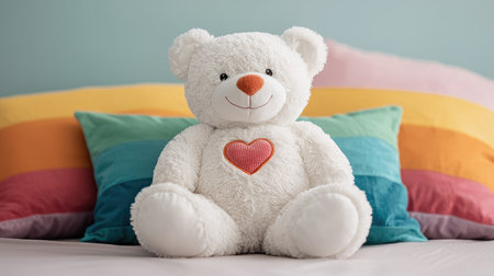 A cute white teddy bear with a heart on its chest sits on a colorful bed, creating a warm and inviting atmosphere.の素材