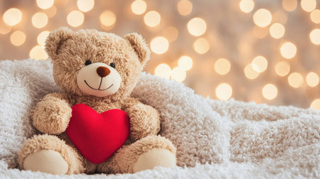 A cute teddy bear with a red heart sits on a soft blanket, surrounded by warm, glowing lights, evoking feelings of love and comfort.の素材