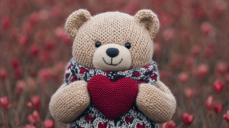 A cute knitted teddy bear holds a red heart in a field of blooming flowers, evoking warmth and affection.の素材