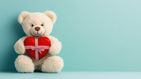 A cute teddy bear holding a red heart-shaped gift on a light blue background, perfect for expressing love and affection.の素材