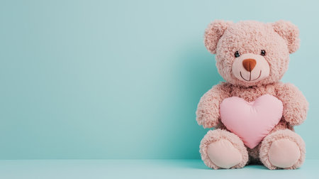 A soft teddy bear holds a pink heart, set against a light blue background, symbolizing love and comfort.の素材