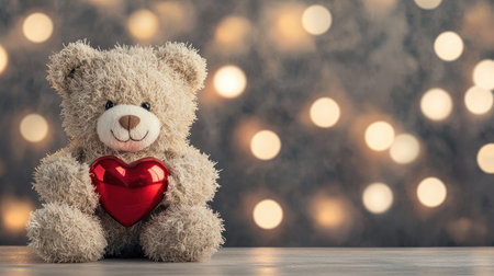 A cute teddy bear holding a red heart, set against a soft bokeh background, evoking feelings of love and warmth.の素材