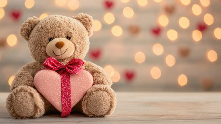 A cute teddy bear with a heart sits against a blurred backdrop of warm lights, perfect for expressing love and affection.の素材
