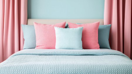 A cozy bed adorned with pastel pillows and matching curtains, creating a serene and inviting bedroom atmosphere.の素材