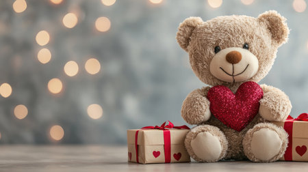 A cute teddy bear holding a heart sits beside wrapped gifts, set against a softly glowing background.の素材