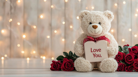 A plush teddy bear with a "Love You" sign sits beside red roses, set against a softly lit backdrop, perfect for romantic occasions.の素材