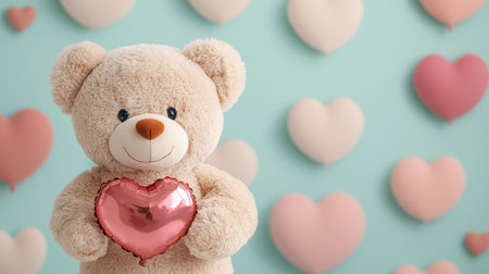 A cute teddy bear holding a shiny heart stands against a pastel heart-decorated background, conveying love and warmth.の素材