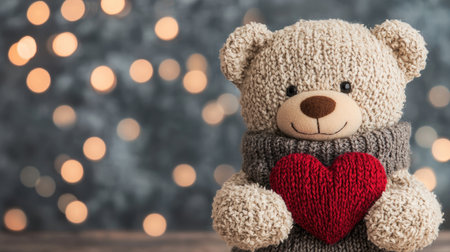 A cozy teddy bear holding a red heart, surrounded by soft, glowing lights, evoking warmth and affection.の素材