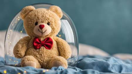 A cute teddy bear inside a glass dome, sitting on a soft blanket, creating a cozy and whimsical atmosphere.の素材