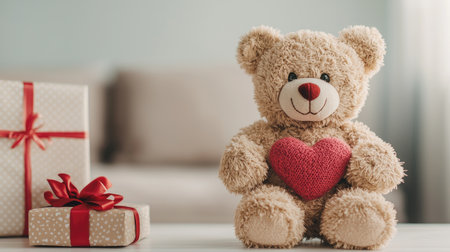 A cute teddy bear with a heart sits beside wrapped gifts, creating a warm and inviting atmosphere perfect for celebrations.の素材