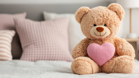 A cute teddy bear with a pink heart sits on a bed surrounded by decorative pillows, creating a cozy and inviting atmosphere.の素材